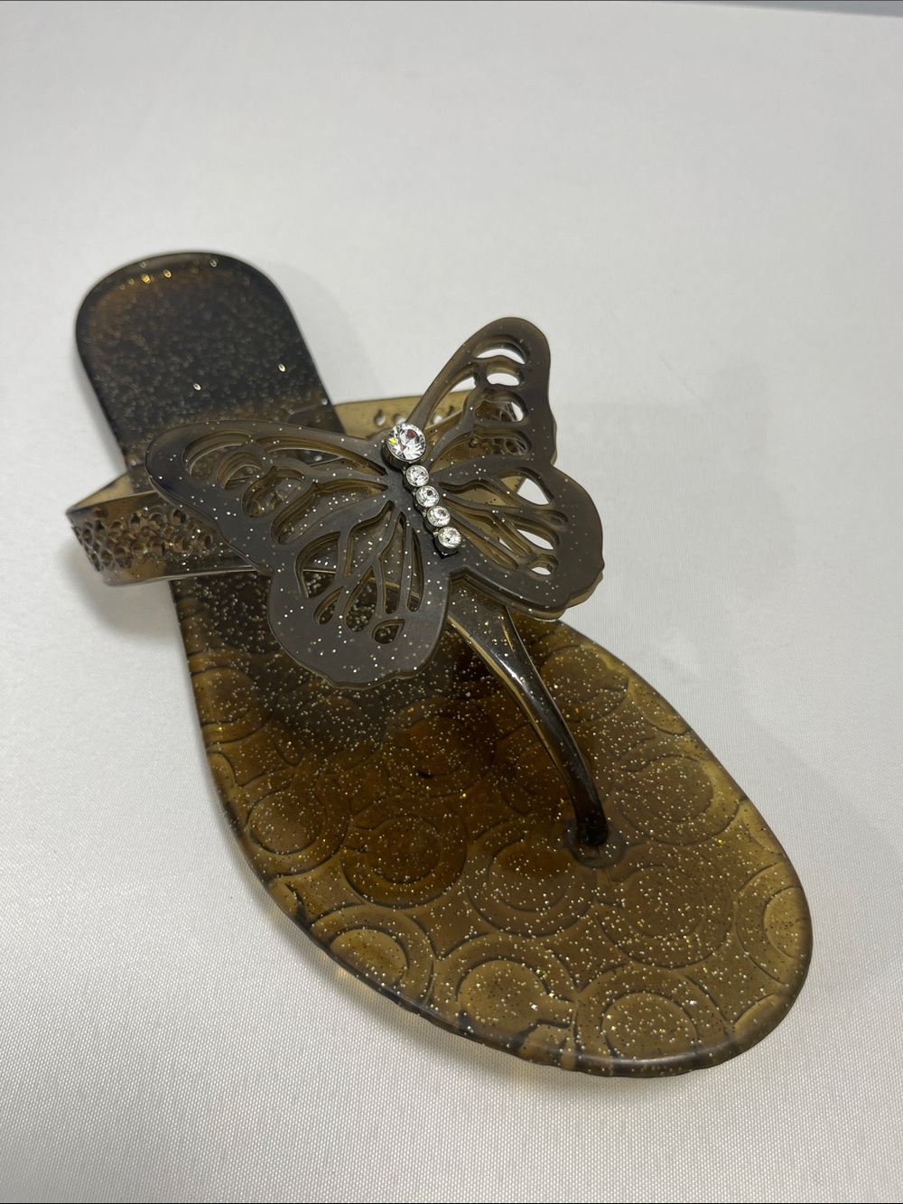 Coach Brown Glitter Butterfly Jelly Sandals with Rhinestone Detail W 9
